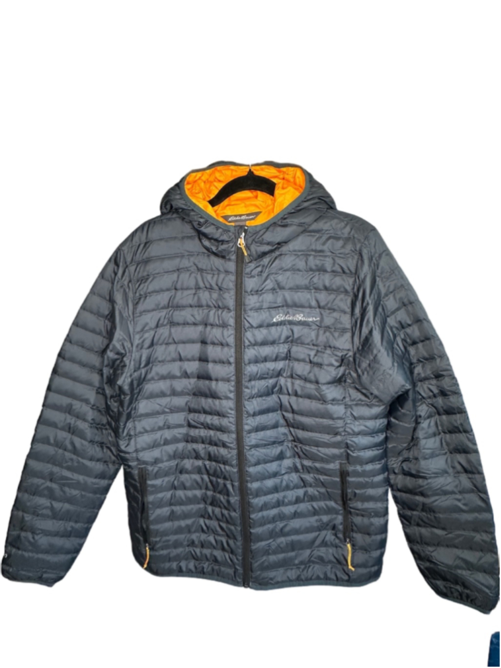 Eddie Bauer Men's M Down Puffer Jacket Hooded Black Orange 80% Down